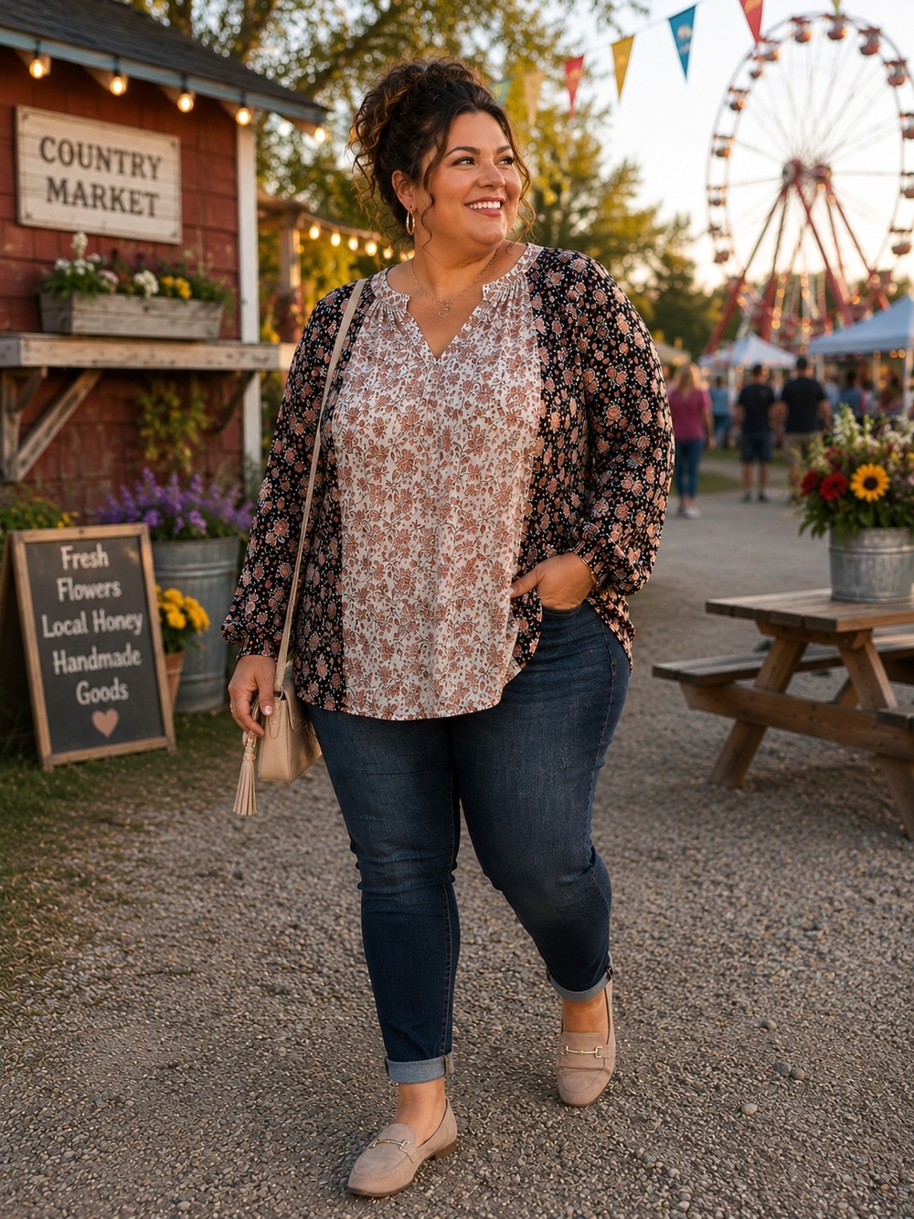 Lila Rose 1X Boho Mixed Floral Blouse | Long Sleeve Split Neck Flowy Top